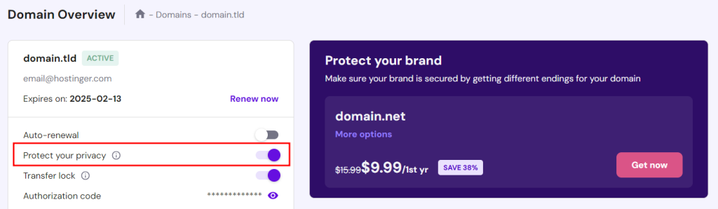 Domeinprivacybescherming handmatig inschakelen
