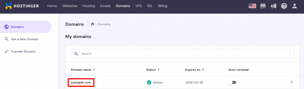 Ga naar de DNS Zone Editor, ga naar Domeinen en selecteer je domein.