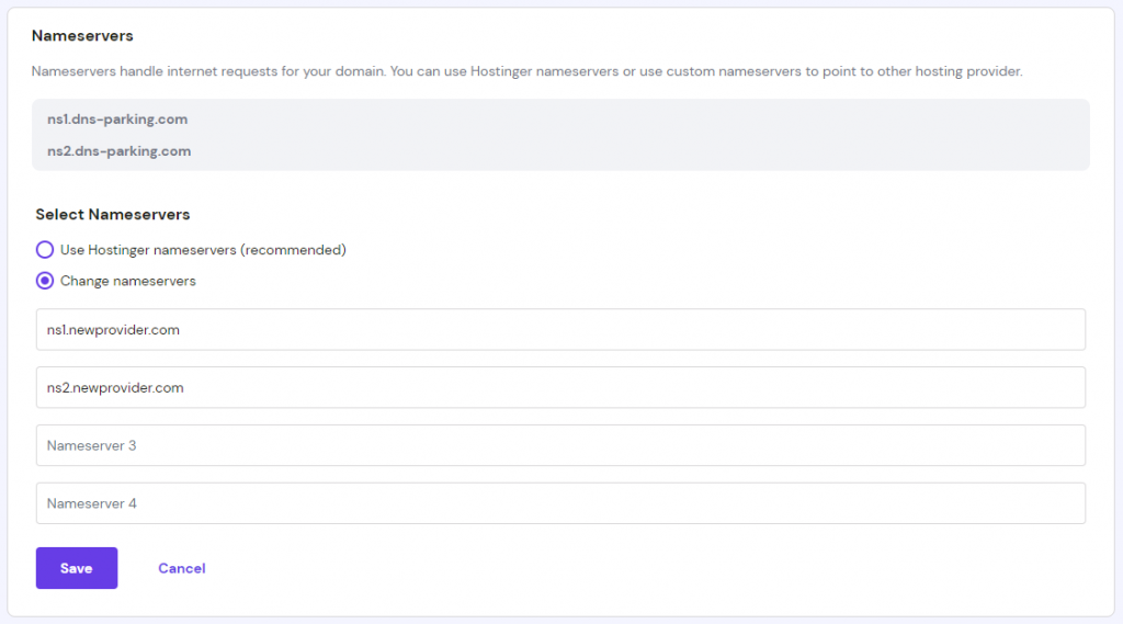 Selecteer Naamservers wijzigen, voer de nieuwe naamservers in en klik op Opslaan.