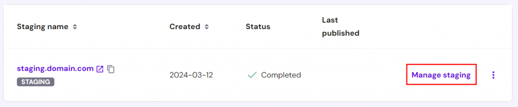 Ga naar beneden naar de lijst met staging omgevingen en klik je op Manage staging naast de nieuw gemaakte omgeving.