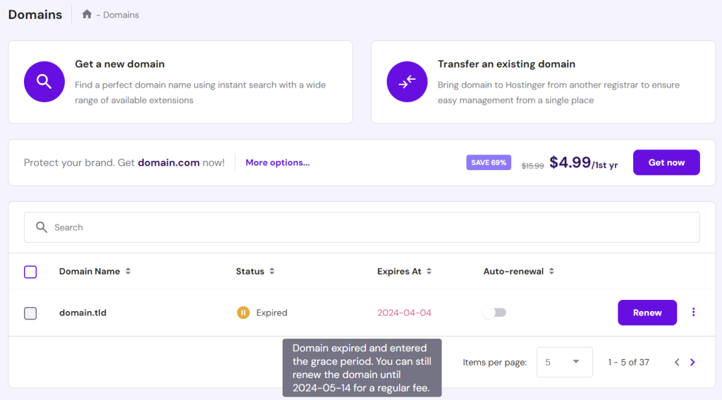 Ga naar Domeinen in hPanel.
Beweeg de muis over de status van het domein.