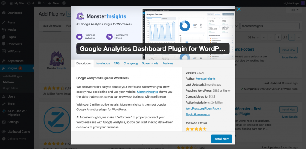 Google Analytics toevoegen aan MonsterInsights. Ga naar nieuwe plug-in toevoegen.