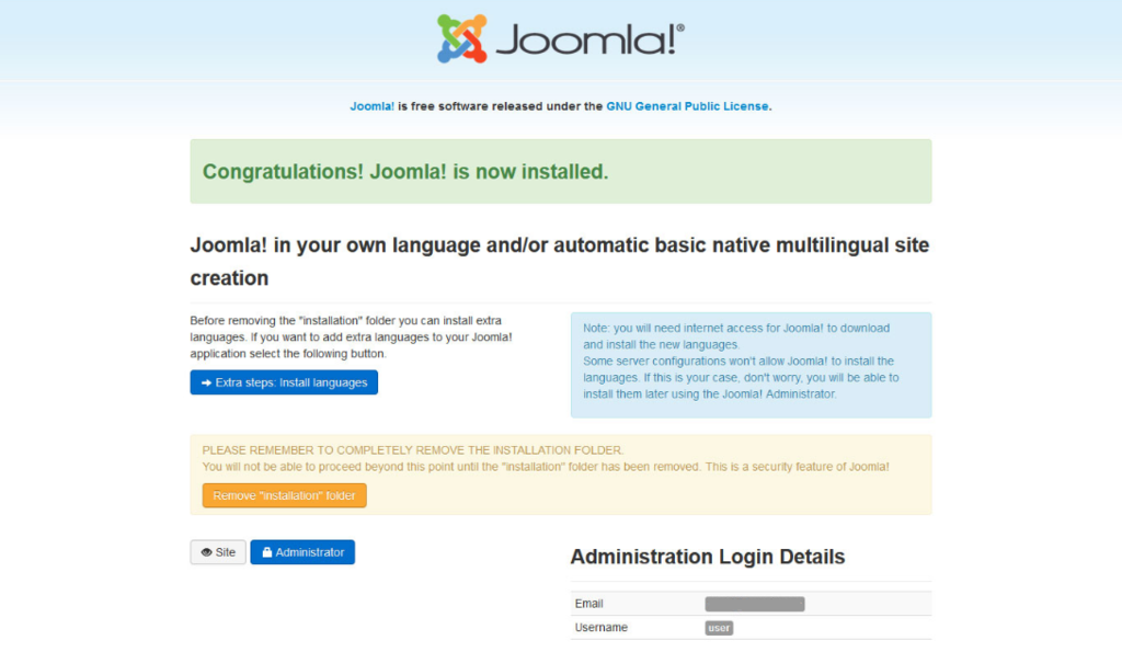 Melding dat Joomla succesvol is geïnstalleerd.