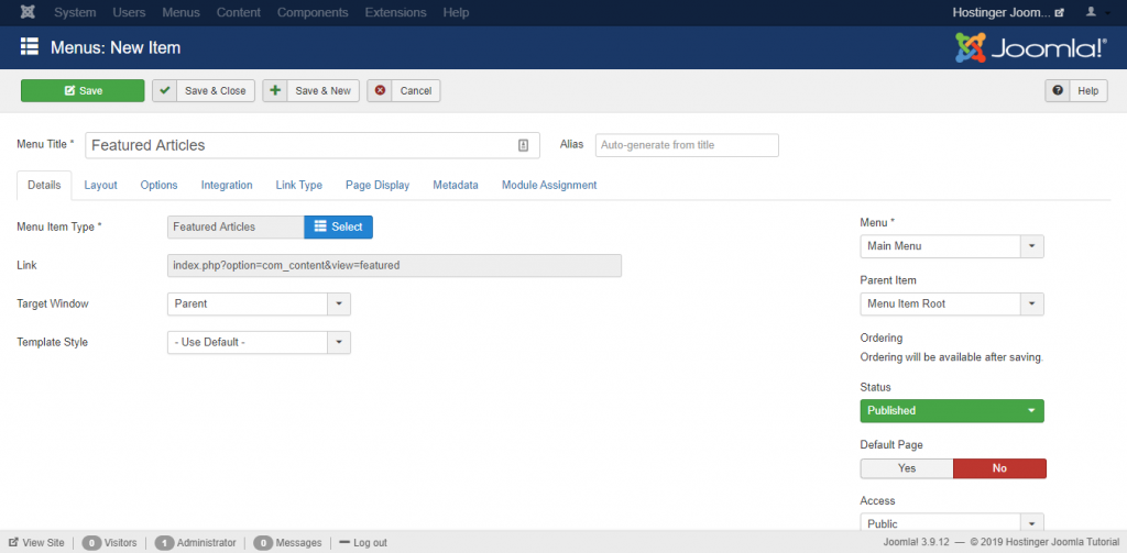 Menu-item aanmaken in Joomla
