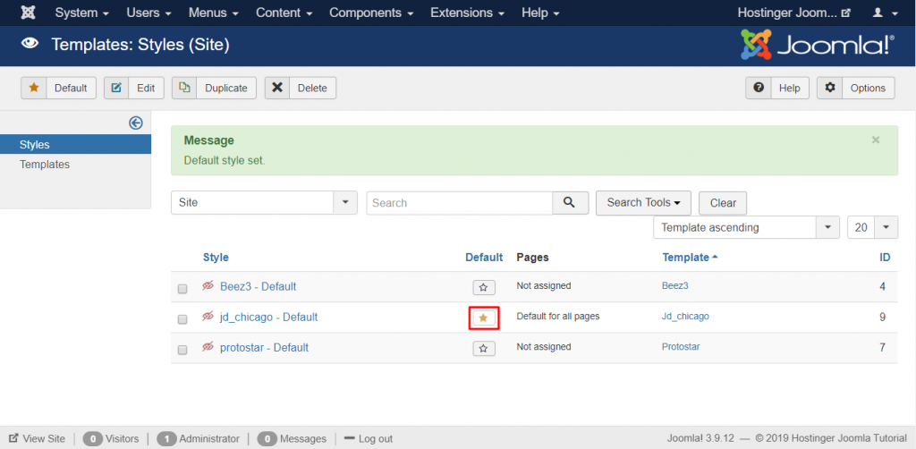 Templates: stijlen (Site) inschakelen in Joomla