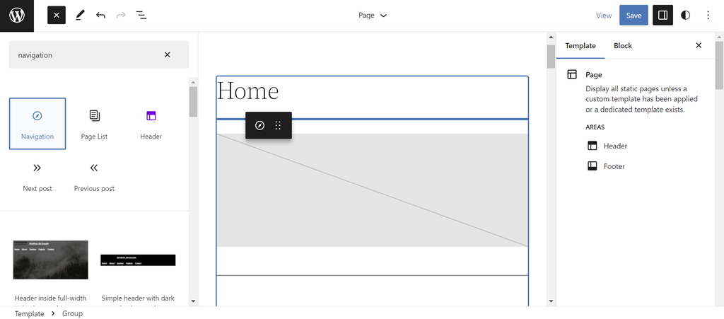 Dropdown menu toevoegen met Site Editor. Sleep navigatieblok naar gewenste plek.