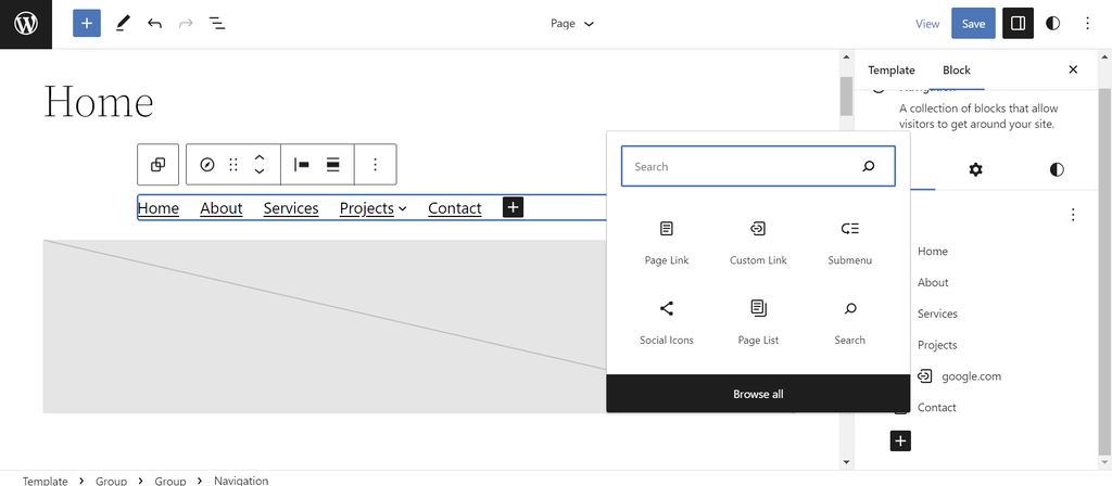 Klik op het blok-invoeg pictogram (+) en kies een ander blok om een submenu te maken. Sleep het onder menu-item.
