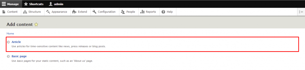Artikel maken. Klik op de knop Inhoud toevoegen en kies Artikel.