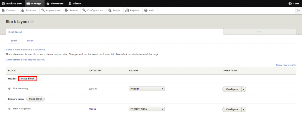 De pagina Blok lay-out toont alle regio's waar blokken geplaatst kunnen worden.