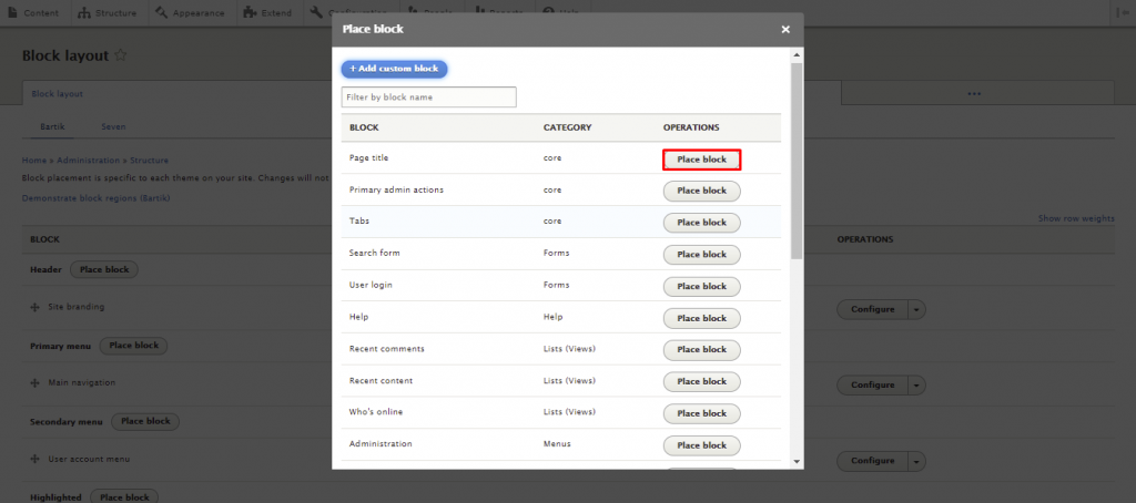Er verschijnt een pop-up venster met de beschikbare blokken. Zoek het blok Paginatitel en klik op de knop Blok plaatsen naast het blok.