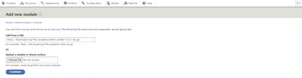 Klik op de knop Nieuwe module toevoegen en plak de tar.gz downloadlink in het tekstvak Toevoegen vanaf een URL. Klik vervolgens op Doorgaan.