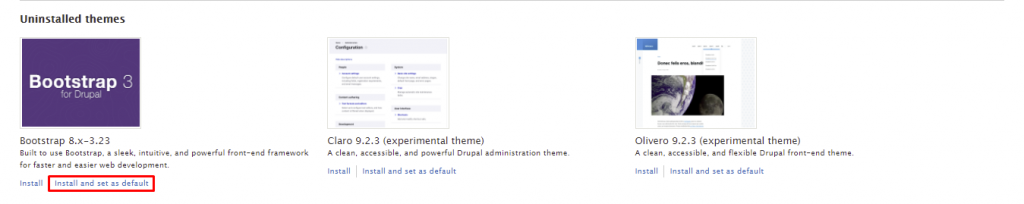 Ga naar de sectie Niet geïnstalleerde thema's en klik op Installeren en instellen als standaard onder het nieuwe thema.