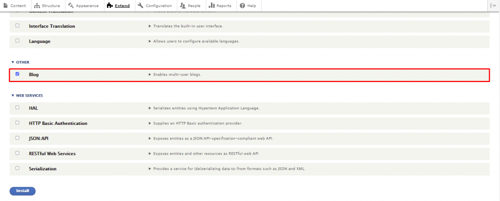 Blog maken op Drupal. Vink het vakje naast Blog aan en klik op Installeren om de module in te schakelen.