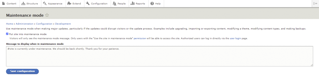 Vink de optie Zet site in onderhoudsmodus aan.