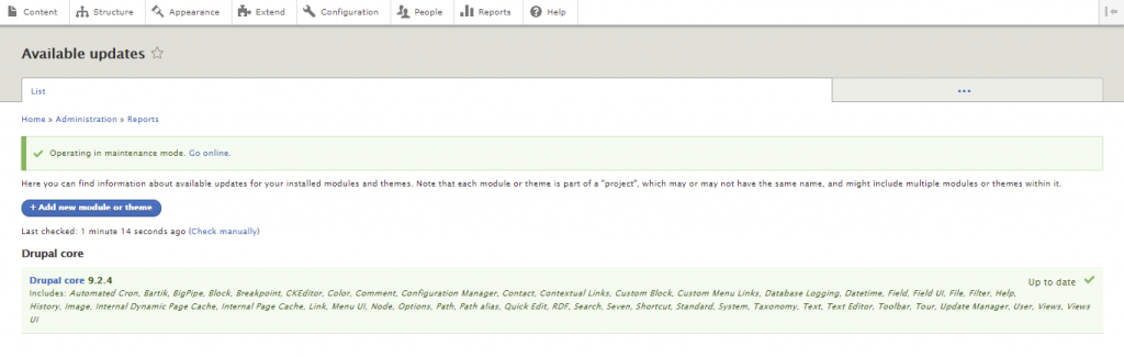 Ga naar de pagina Beschikbare updates om te controleren of Drupal succes is bijgewerkt.