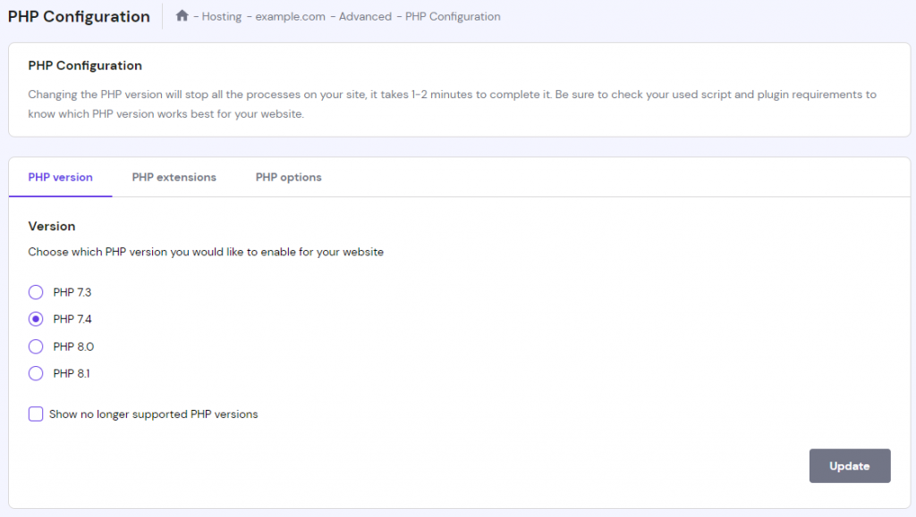 De PHP-versie wijzigen via het hPanel Dashboard → PHP Configuratie.