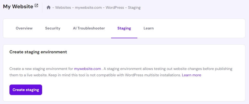 Ga naar Websites → WordPress → Staging en selecteer Maak staging.