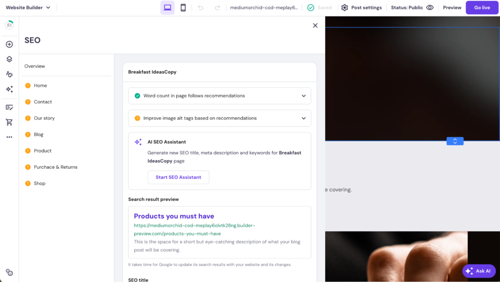 SEO-instellingen in de Hostinger Website Bouwer