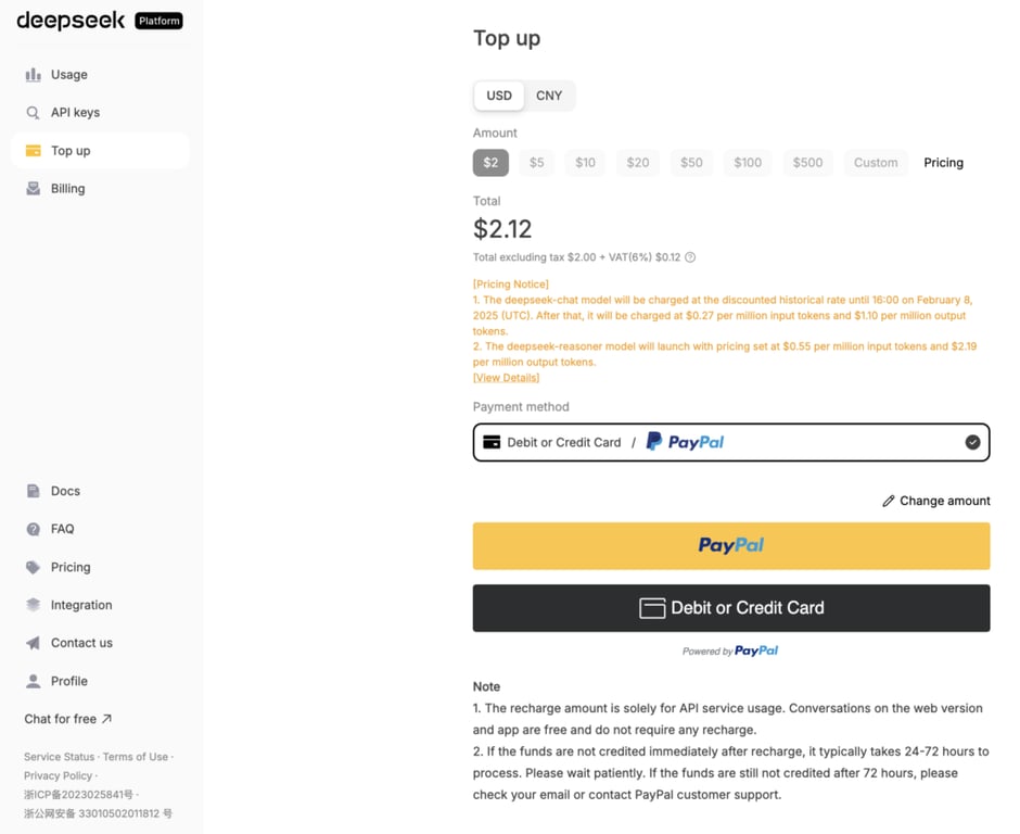 Top up in Deepseek