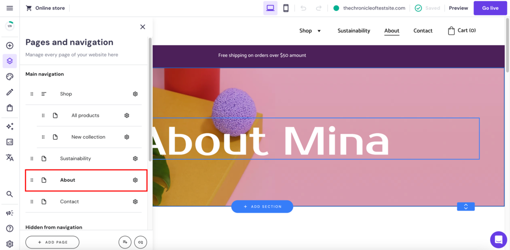 Om aan je Over Mij pagina te werken, klik je op het pictogram Pagina's en navigatieen kies je de pagina Over Mij.