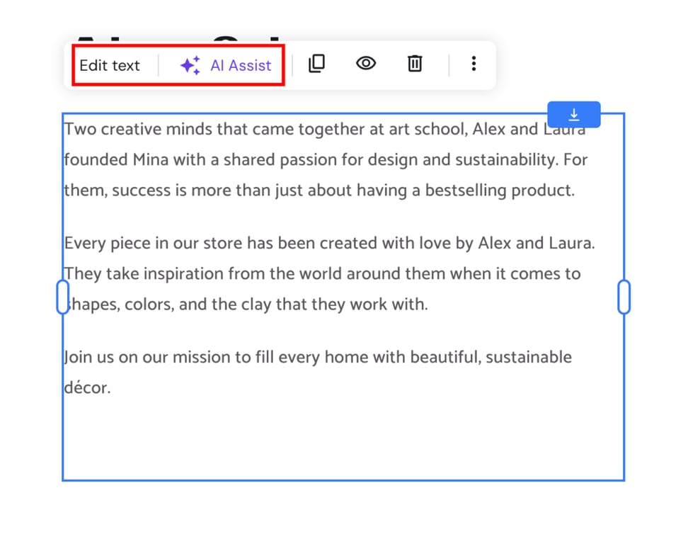 Om de tekstinhoud op de pagina te bewerken, selecteer je het blok en klik je op Tekst bewerken.