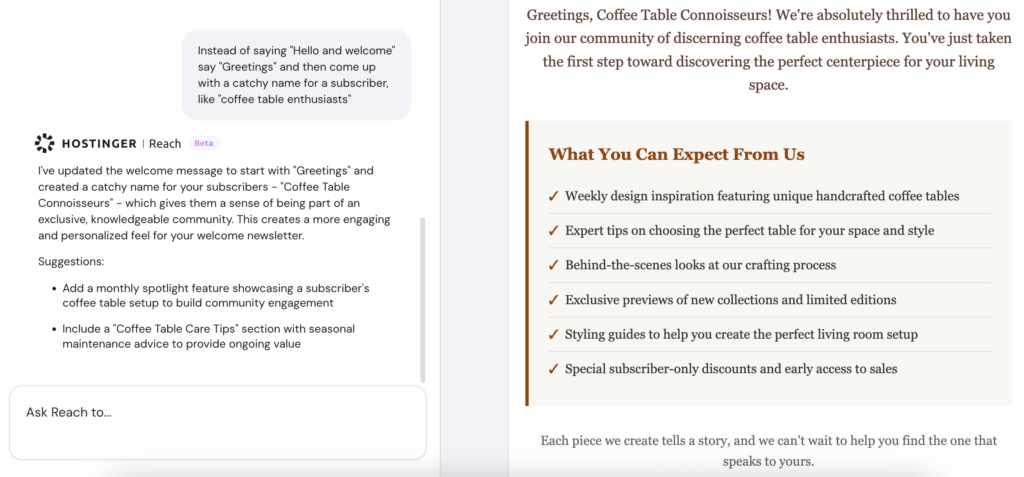 Hostinger Reach maakt content voor je.