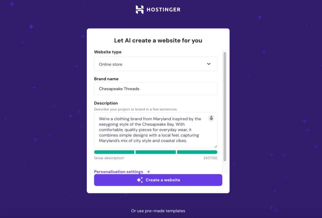 Klik op Maak een website en laat de AI zijn werk doen.