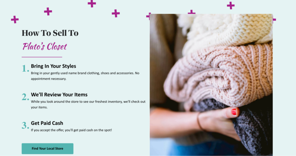 Hoe verkopen aan Plato's Closet close-up van de landingspagina voor verkopers