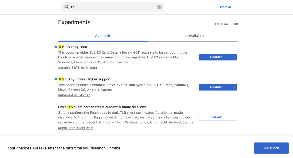 De TLS 1.3-opties op de Experiments-pagina van Google Chrome