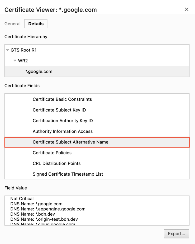 Het veld Subject Alternative Name van het certificaat in het venster Certificate Viewer van Google Chrome