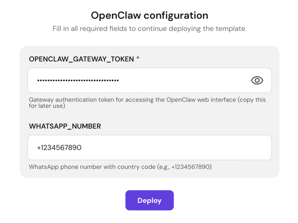 OpenClaw-configuratievenster van Hostinger met de velden gatewaytoken en WhatsApp-nummer