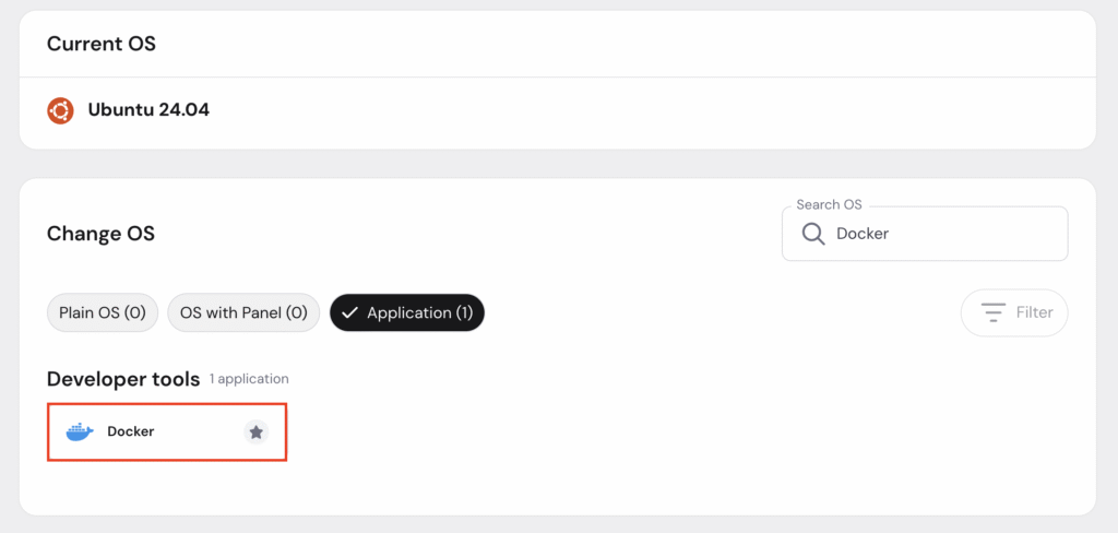 De Docker-template in de sectie Change OS van hPanel