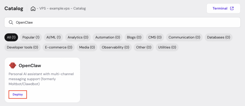 De Deploy-knop voor OpenClaw in het Docker Catalog-menu van hPanel