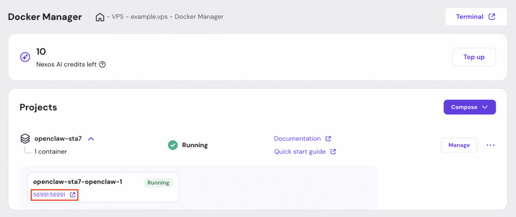 Een OpenClaw-project met een link in het Docker Manager-menu van hPanel om de webinterface te openen