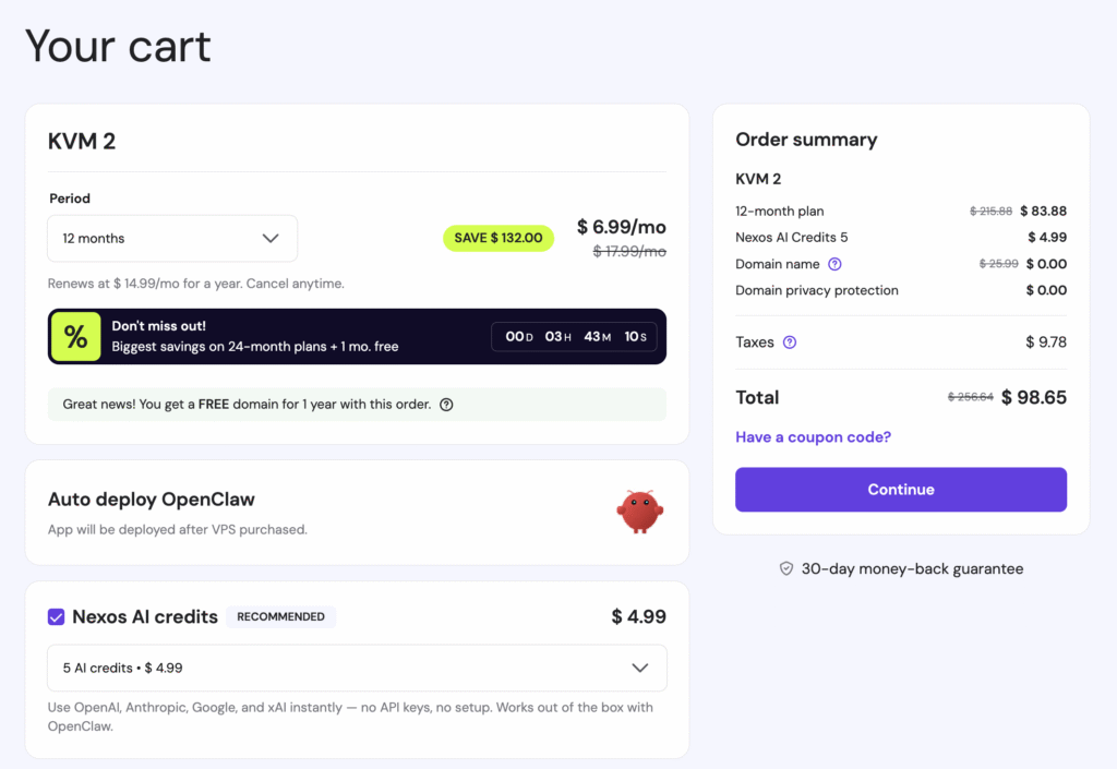 Hostingers OpenClaw-winkelwagenvenster met de Nexos AI-credits-add-on geselecteerd