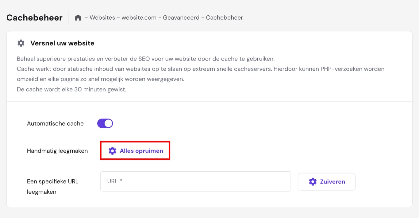 De knop Purge All op de pagina Cache Manager van hPanel