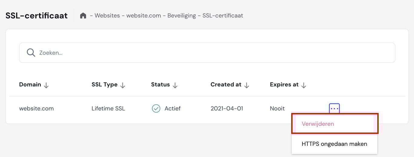 De optie Uninstall op de SSL-certificaatpagina van hPanel