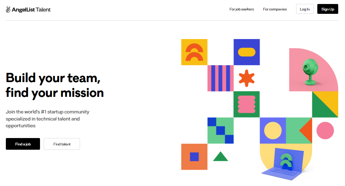 De homepage van AngelList Talent, een website voor het zoeken naar startup- en remotebanen.
