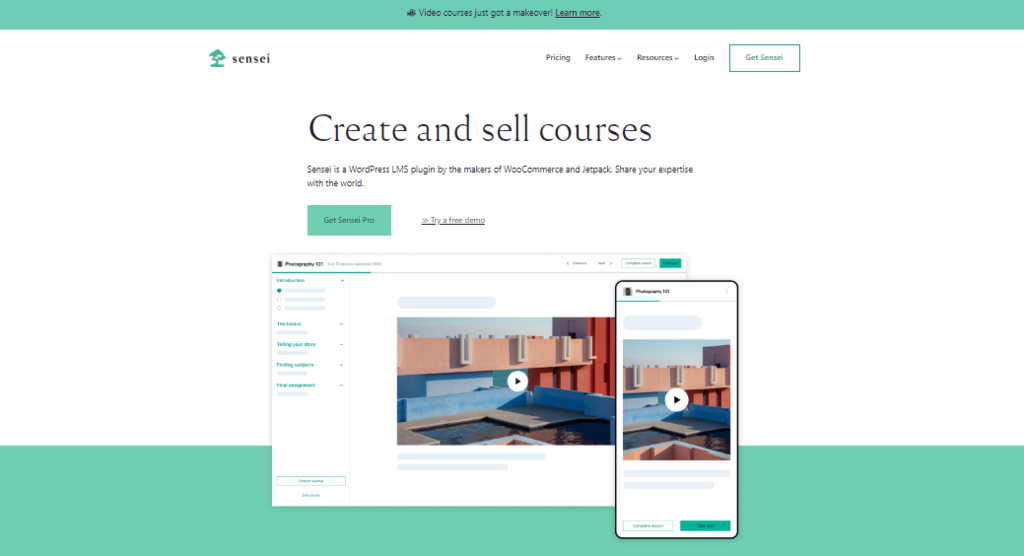 De homepage van Sensei, een WordPress LMS-plugin