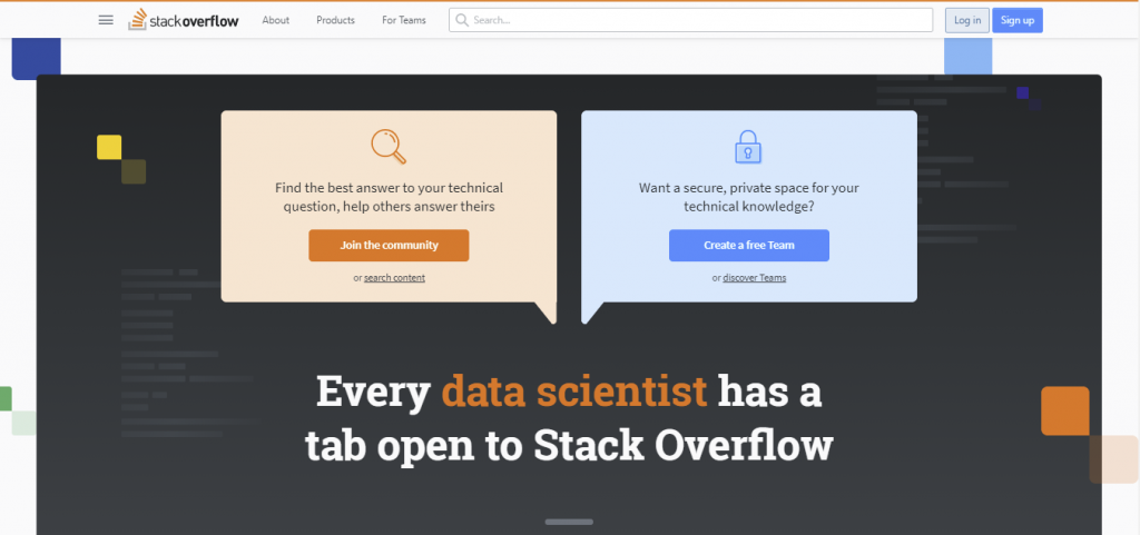 De startpagina van Stack Overflow, een Q&A-website over programmeeronderwerpen
