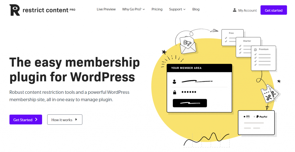 De homepage van de Restrict Content Pro-plugin.