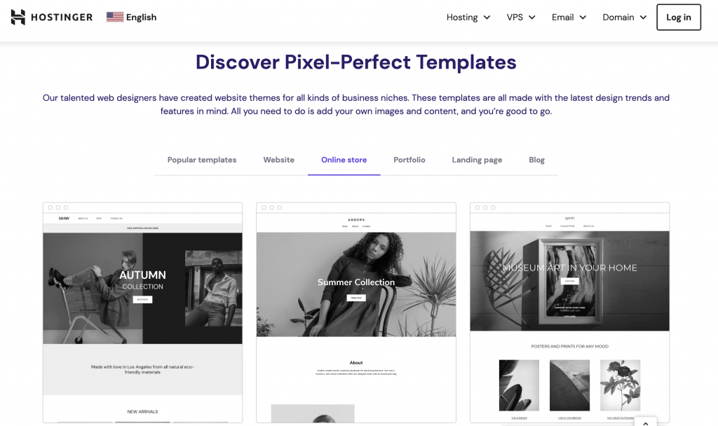 Template-sectie van Hostinger Website Builder op de landingspagina