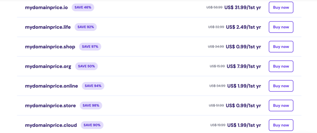 Een lijst met mogelijke domeinnamen en extensies met prijzen en een Nu kopen-knop, waarbij de .io-extensie bovenaan staat