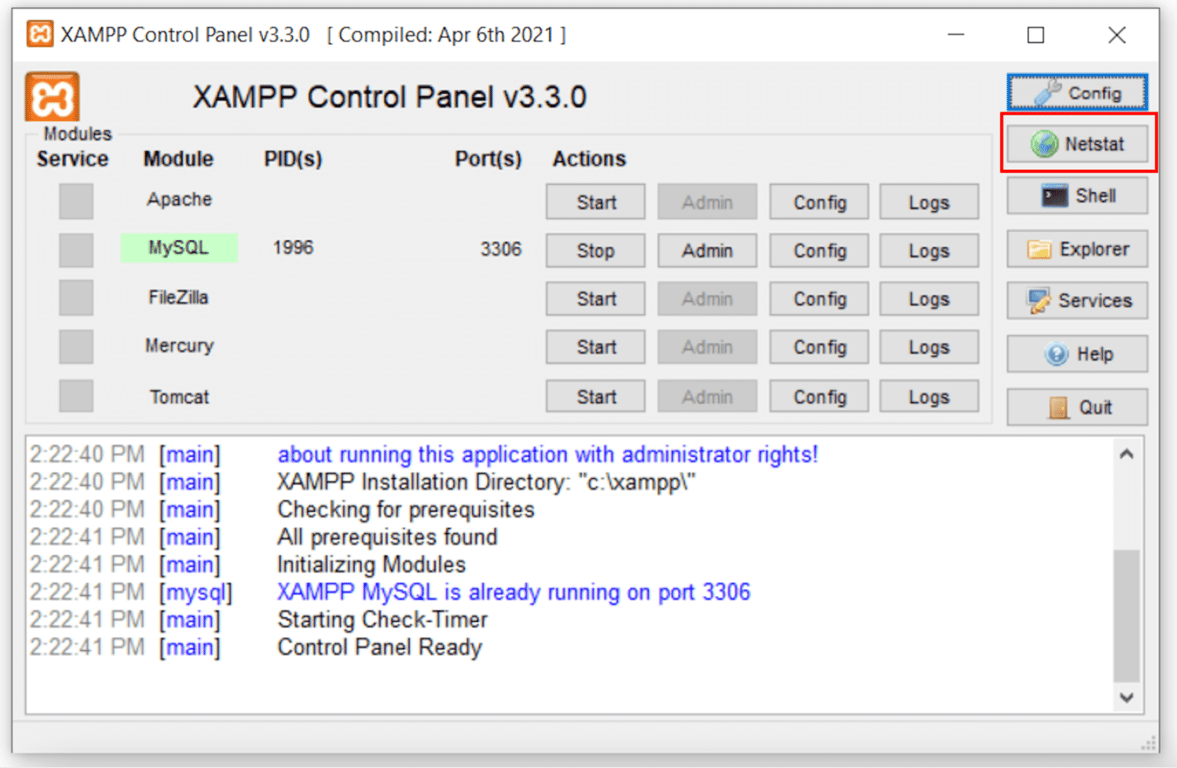 De knop Netstat in het XAMPP Control Panel selecteren om alle gebruikte poorten te zien
