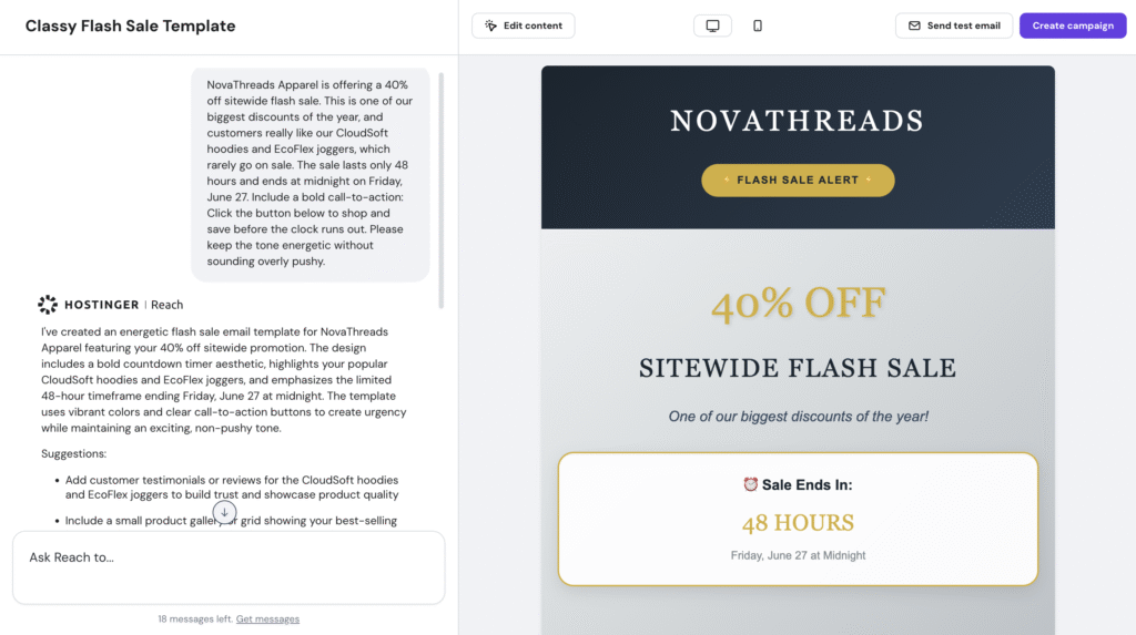 De interface van de AI-gestuurde nieuwsbriefbouwer van Hostinger Reach