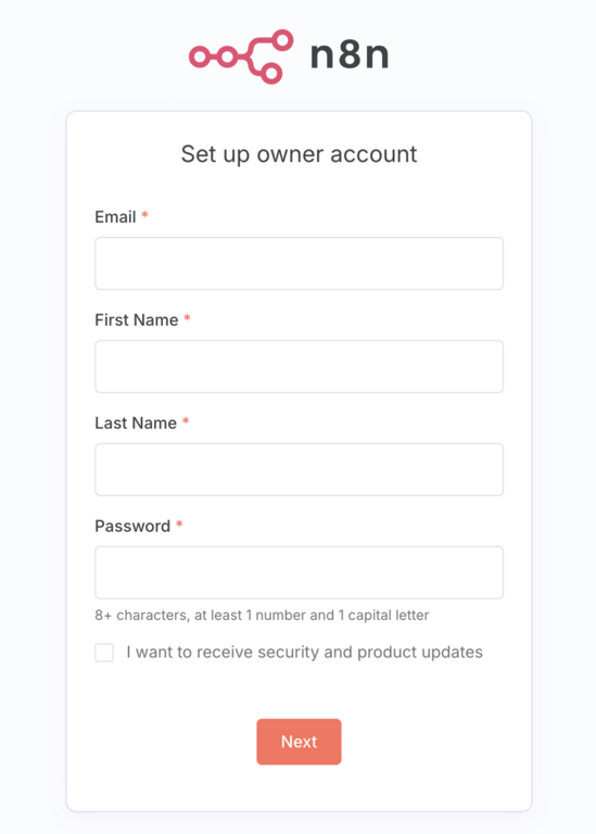 De registratiepagina voor het eigenarenaccount van n8n