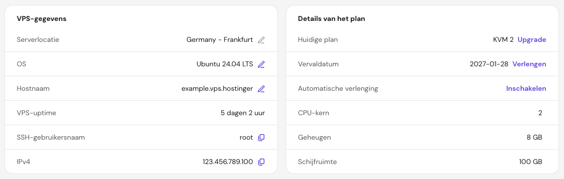 Hostinger hPanel VPS-overzicht met iPv4 gemarkeerd