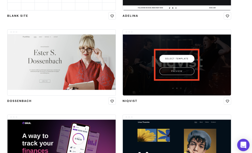 Vorlagenauswahl und Vorschau im Hostinger Homepage-Baukasten