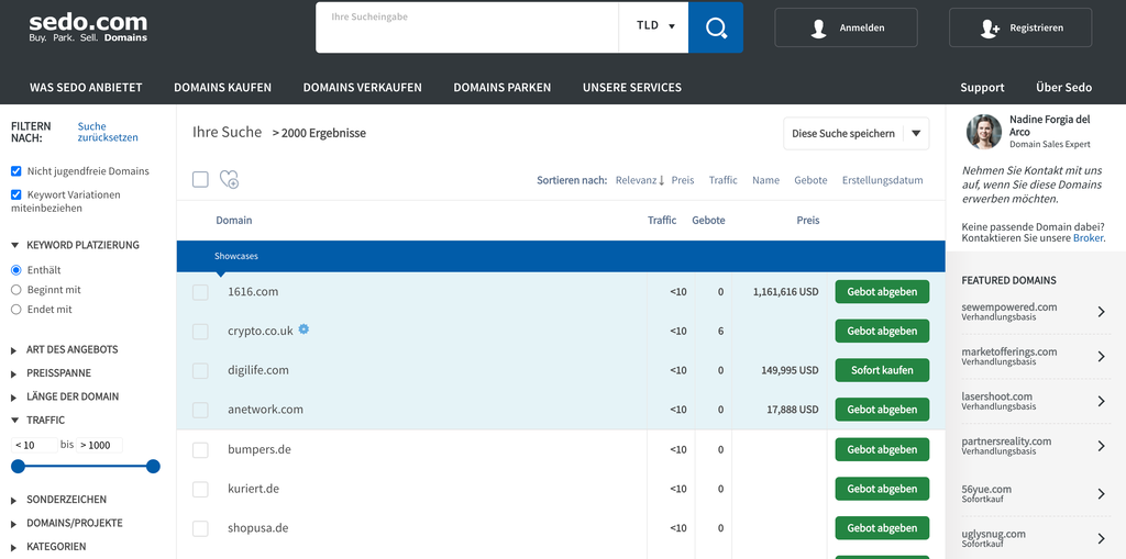 Sedo.com Startseite