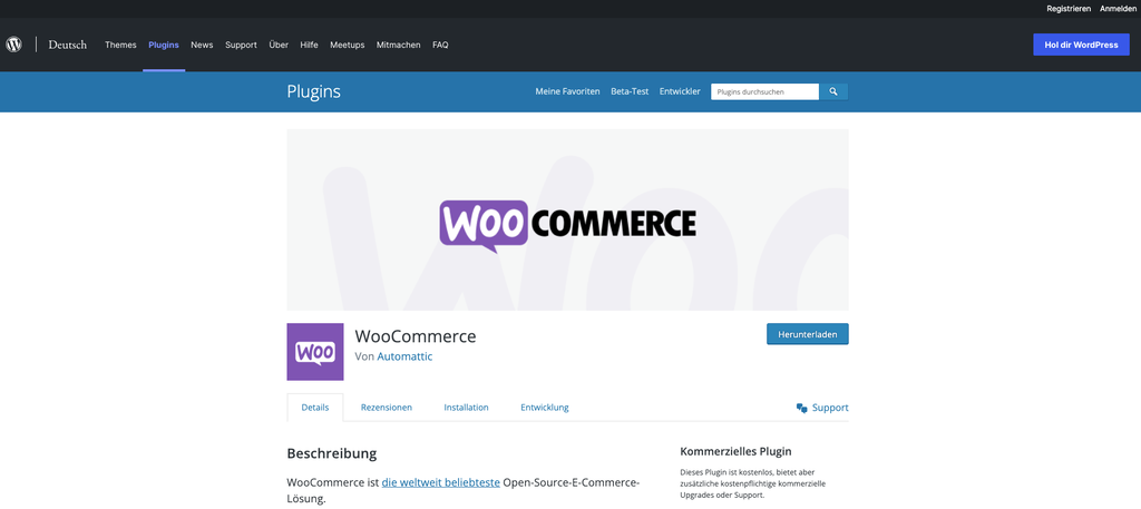 Die Plugin-Seite von WooCommerce in den WordPress-Plugins, die benutzerdefinierte Funktionen und Merkmale bietet.